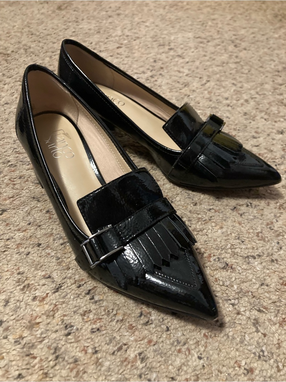 Franco Sarto black textured pleather pointed toe mini square heel shoes fringe